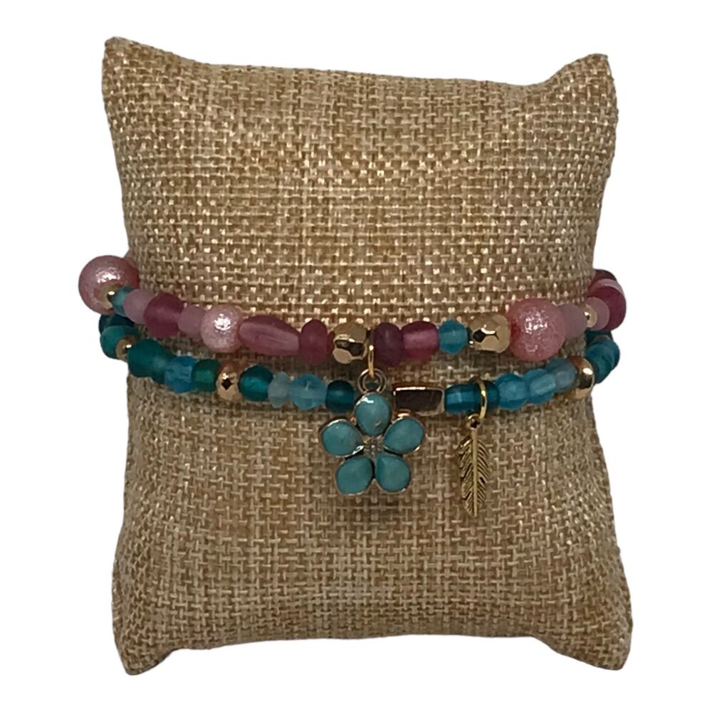 Vintage Inspired Glass Beads Stretch Bracelet Set Pink & Turquoise